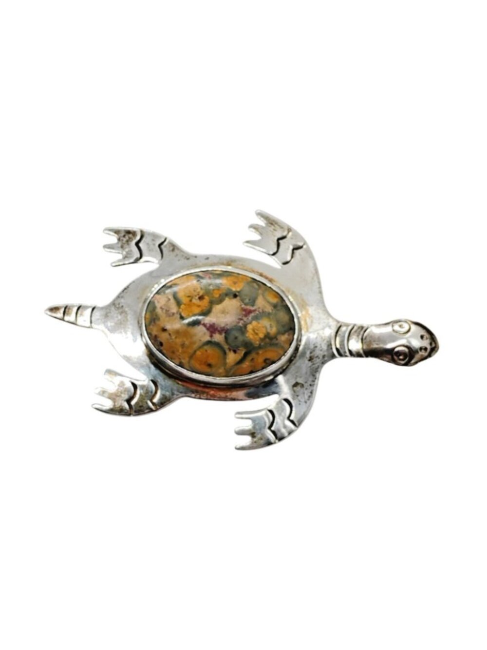 Large Vtg Sterling Silver Leopard Jasper Sea Turtle Brooch Pin 14.7g - Picture 3 of 6